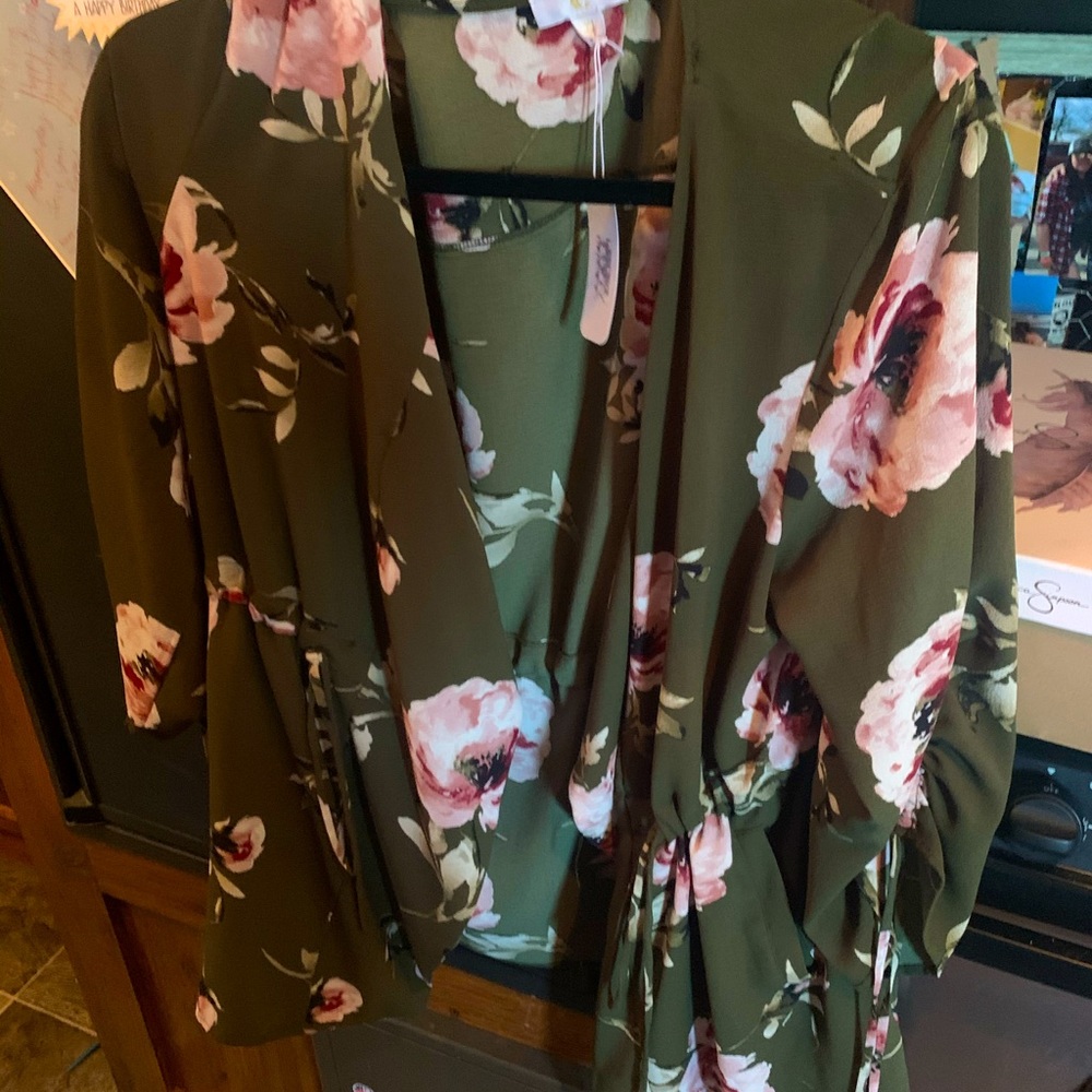 Olive green floral wrap blouse